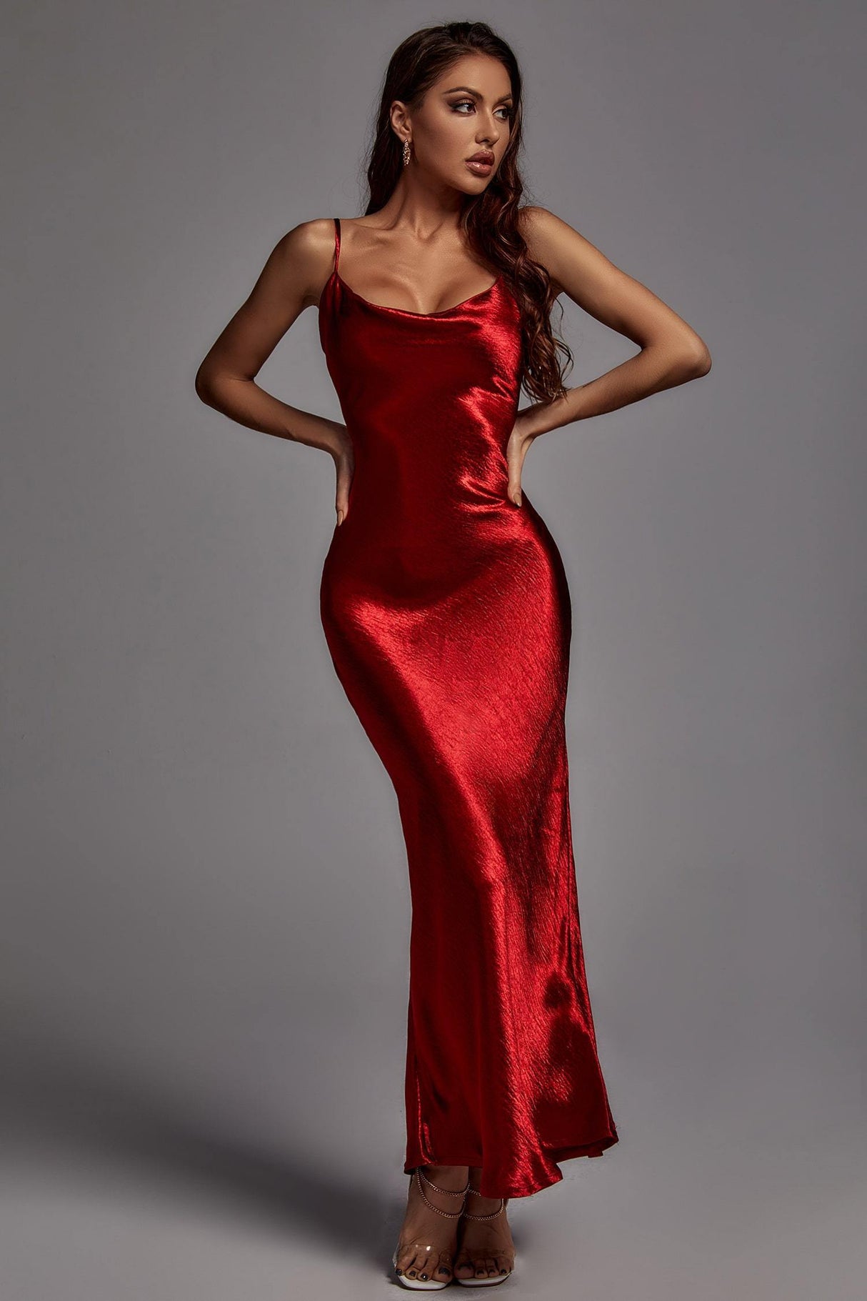 Camilla Red Metallic Dress Spaghetti Strap Scoop Neckline Formal Event Night Out Elegance Sophistication