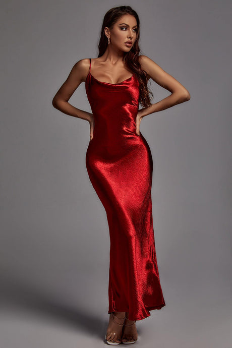 Camilla Red Metallic Dress Spaghetti Strap Scoop Neckline Formal Event Night Out Elegance Sophistication