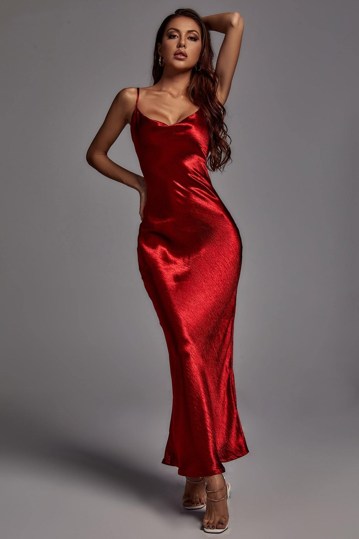 Camilla Red Metallic Dress Spaghetti Strap Scoop Neckline Elegant Sophisticated Formal Special Occasion Luxury Fabric Draping