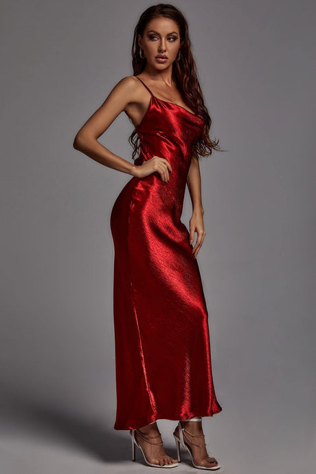 Camilla Red Metallic Dress Spaghetti Strap Scoop Neckline Formal Event Special Occasion Elegance Sophistication