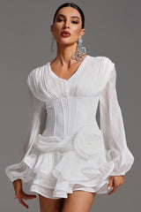 Camilla White V-Neckline Long Sleeve Flounce Detail Mini Dress