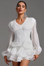 Camilla White V-Neckline Long Sleeve Flounce Detail Mini Dress
