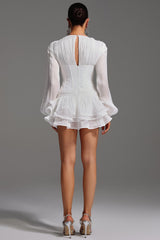 Camilla White V-neckline Long Sleeve Flounce Detailing Dress
