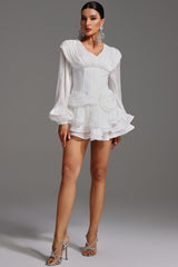 Camilla White V-Neckline Long Sleeve Flounce Detail Mini Dress