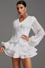 Camilla White V-neckline Long Sleeve Flounce Detail Mini Dress