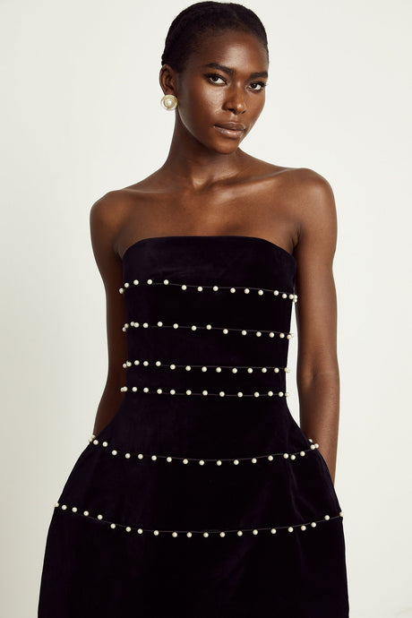 Camille black fauxpearl velvet mini dress