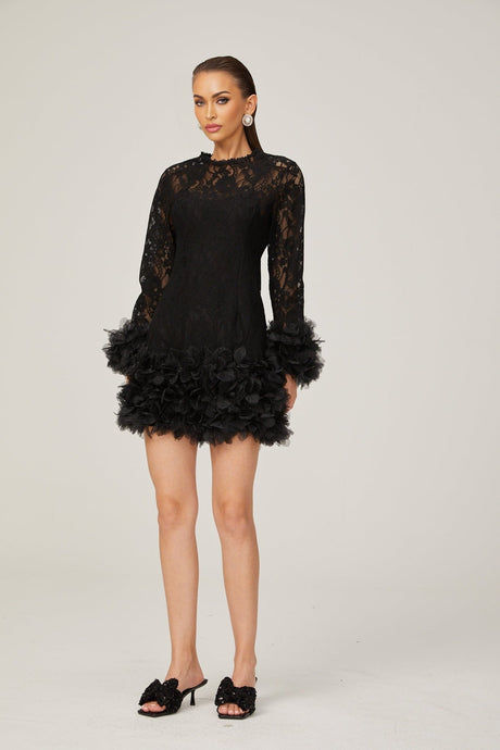 Camille lace layered feathertrim mini dress in Black