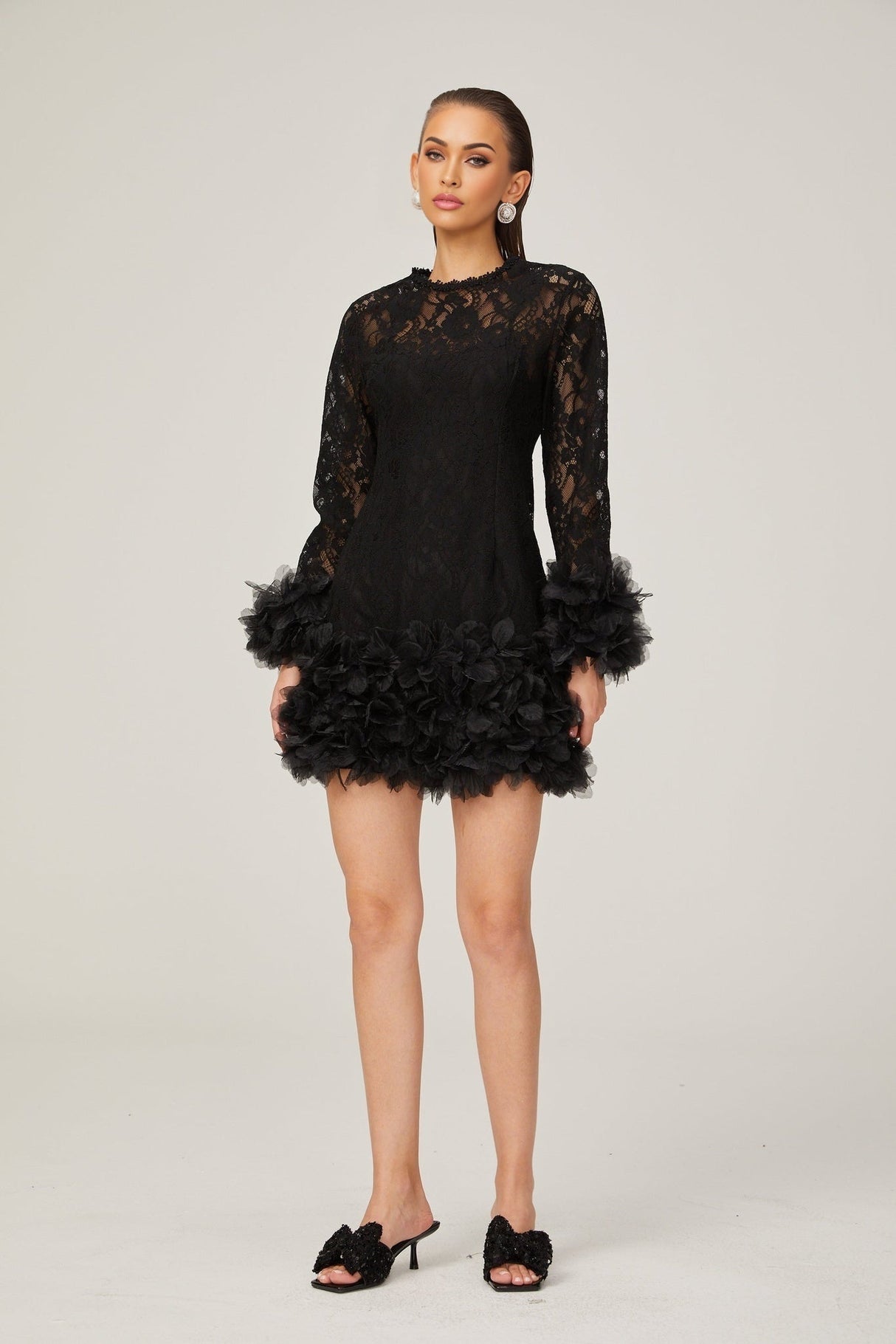 Camille lace layered feathertrim mini dress in Black