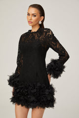 Camille lace layered feathertrim mini dress in Black