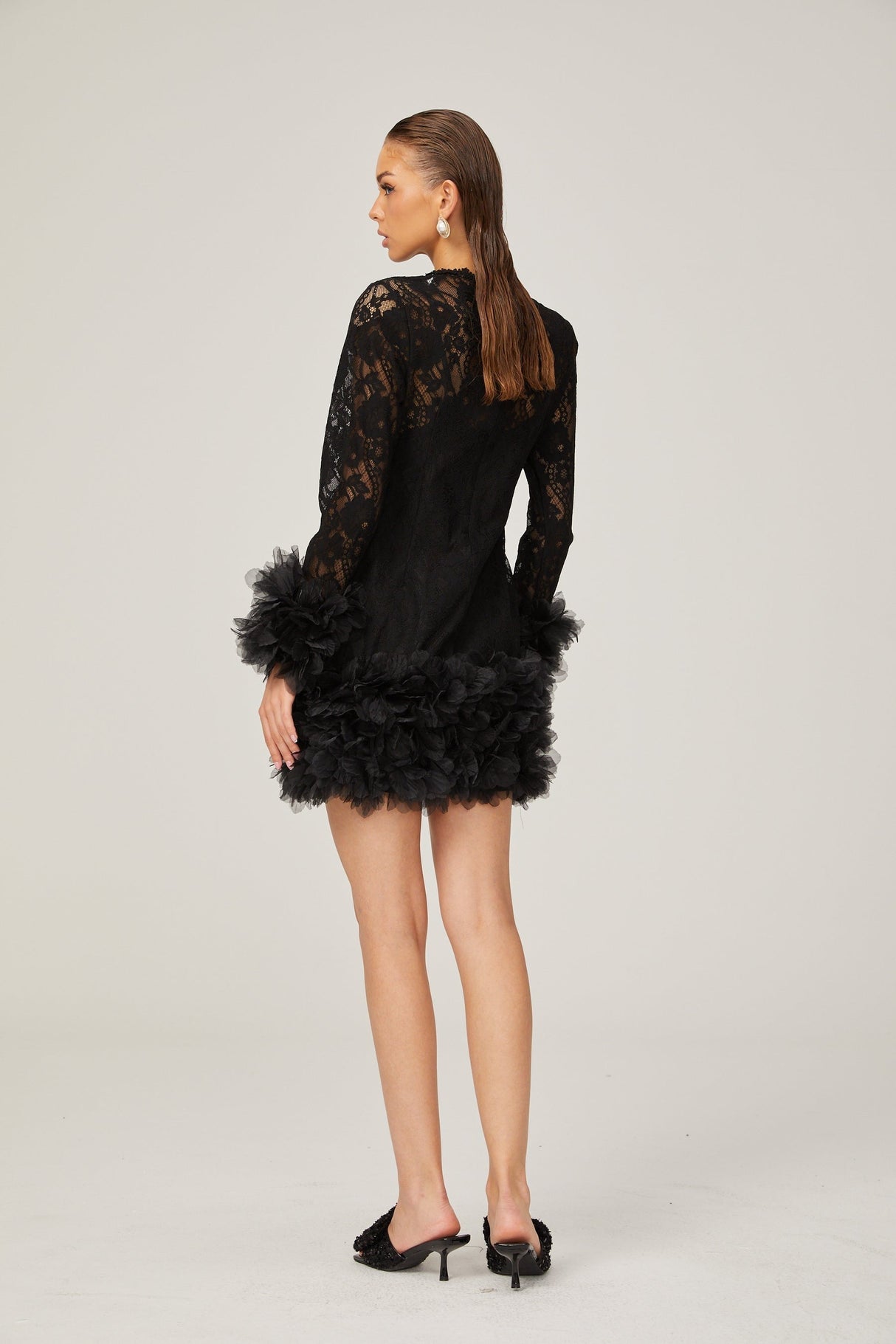 Camille lace layered feathertrim mini dress in Black