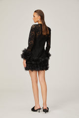 Camille lace layered feathertrim mini dress in Black