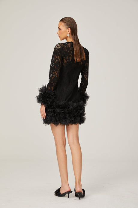 Camille lace layered feathertrim mini dress in Black