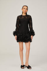 Camille lace layered feathertrim mini dress in Black