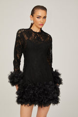 Camille lace layered feathertrim mini dress in Black