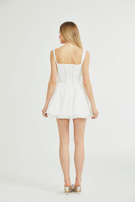 Camille Mini Dress - Bustier Silhouette - Corset - Style Front Tie - Multi - Layered Skirt - Back Zipper - Adjustable Tie Ribbon