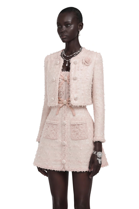 Camille Pink Tweed Jacket with 3D Floral  Lace Dress Set