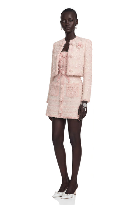 Camille Pink Tweed Jacket with 3D Floral  Lace Dress Set
