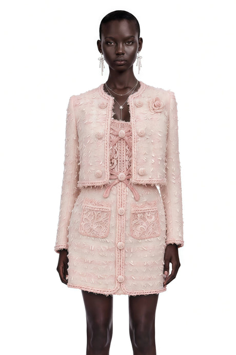 Camille Pink Tweed Jacket with 3D Floral  Lace Dress Set