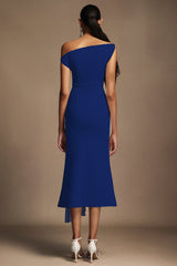 Camryn Blue Oblique Shoulder Midi Dress Pleated Accents Elegant Formal Evening Wear