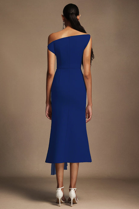 Camryn Blue Oblique Shoulder Midi Dress Pleated Accents Elegant Formal Evening Wear