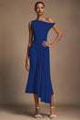 Camryn Blue Oblique Shoulder Pleated Midi Dress for Formal Events or Night Out