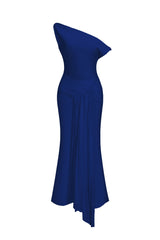 Camryn Blue Oblique Shoulder Pleated Midi Dress for Formal Events or Night Out