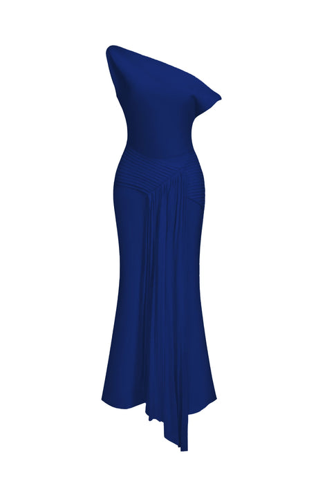 Camryn Blue Oblique Shoulder Pleated Midi Dress for Formal Events or Night Out