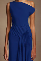Camryn Blue Oblique Shoulder Pleated Midi Dress for Formal Events or Night Out