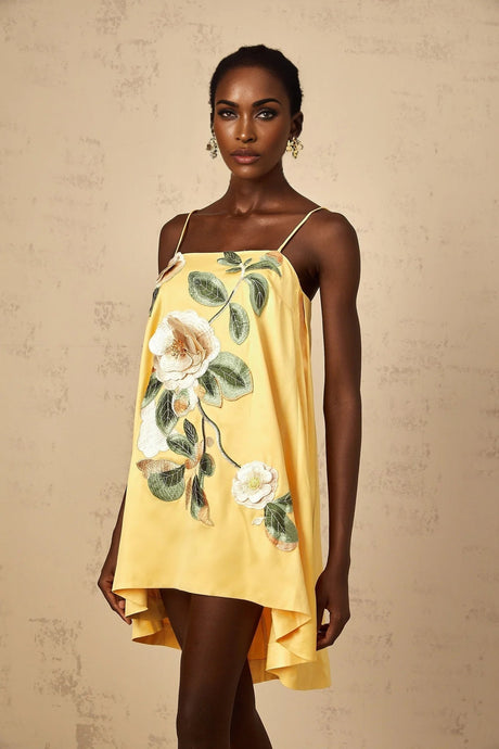 Camryn Mini Dress Yellow Floral Embroidered Chic Asymmetrical Hem
