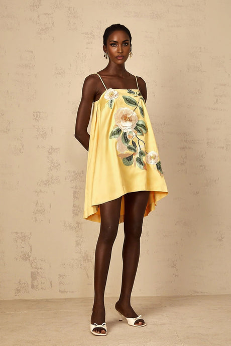 Camryn Mini Dress Yellow Floral Embroidered Chic Asymmetrical Hem