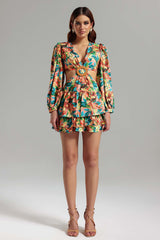 Camryn Multicolor Floral Cut-Out Dress with Plunging Neckline and Ruffles