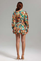 Camryn Multicolor Floral Cut-Out Dress with Plunging Neckline and Ruffles