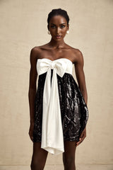 Candice Sequin Mini Dress - Strapless - Statement Bow - Color Block - Zip Back