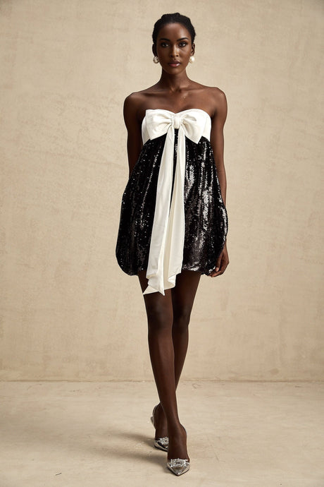 Candice Sequin Mini Dress - Strapless - Statement Bow - Color Block - Zip Back