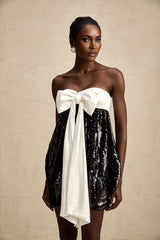 Candice Sequin Mini Dress - Strapless - Statement Bow - Color Block - Zip Back