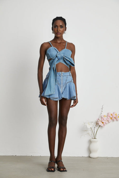 Capucine Denim Flared Skirt - Eye - Catching Frilled Hem - Allover Pleats And Ruffles - Zipper Closure - Functional Pockets