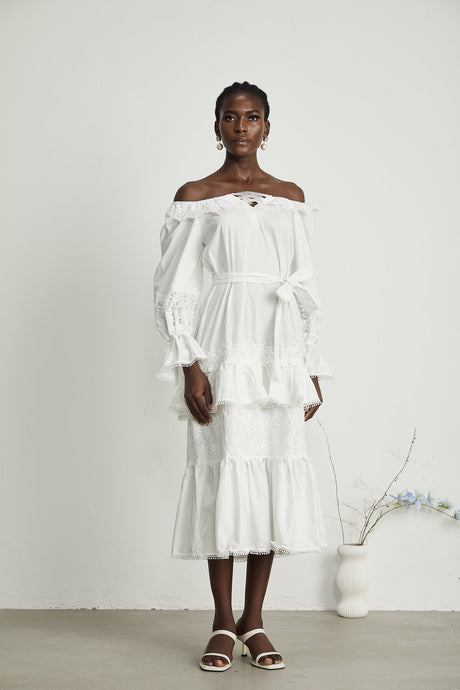 Capucine lacetrim cutout layered midi dress