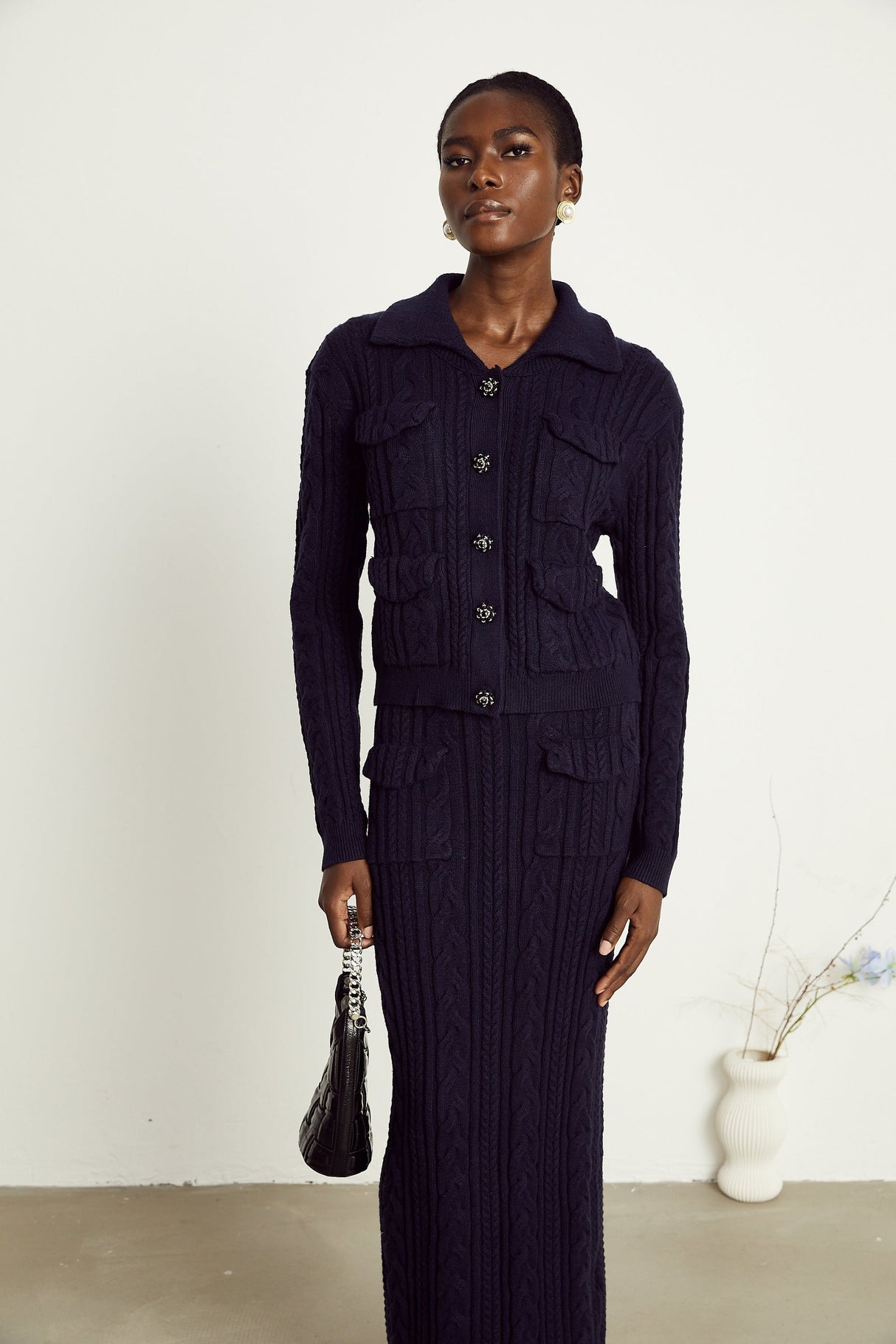 Capucine navyblue knit jacket  skirt matching set