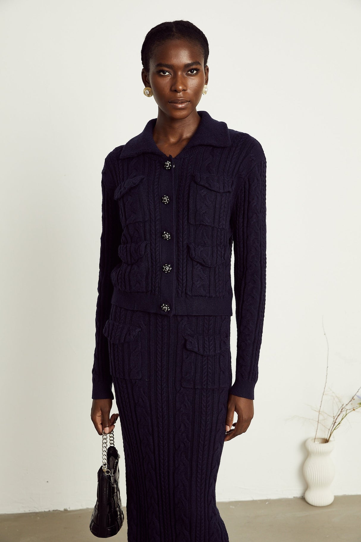 Capucine navyblue knit jacket  skirt matching set