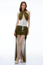 Capucine Olive Green Halterneck Mini Dress with CutOuts and Train
