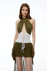 Capucine Olive Green Halterneck Mini Dress with CutOuts and Train