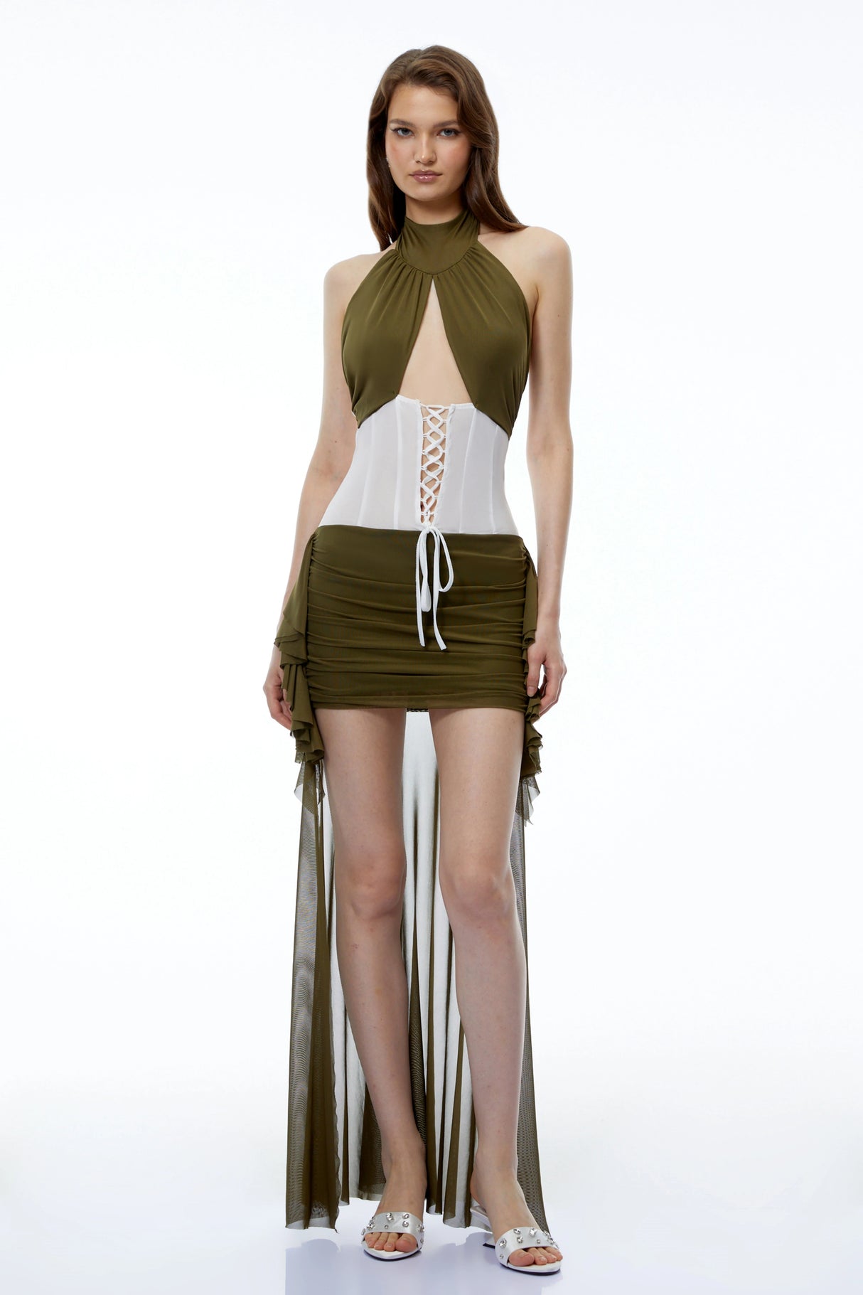 Capucine Olive Green Halterneck Mini Dress with CutOuts and Train