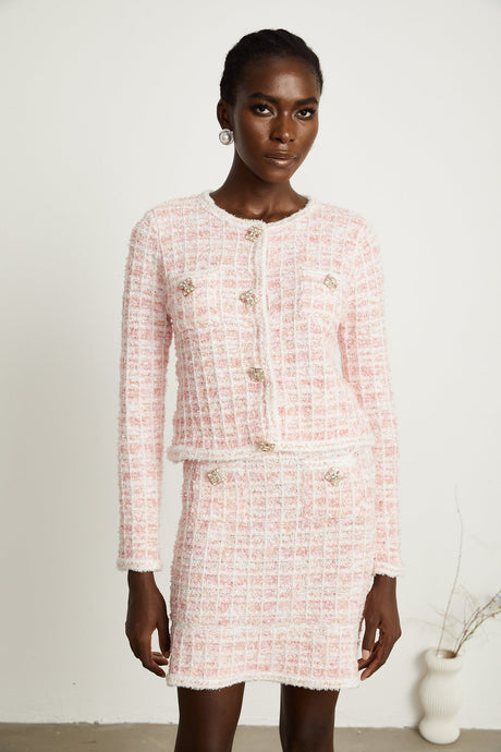 Capucine pink checkpattern cardigan  skirt matching set