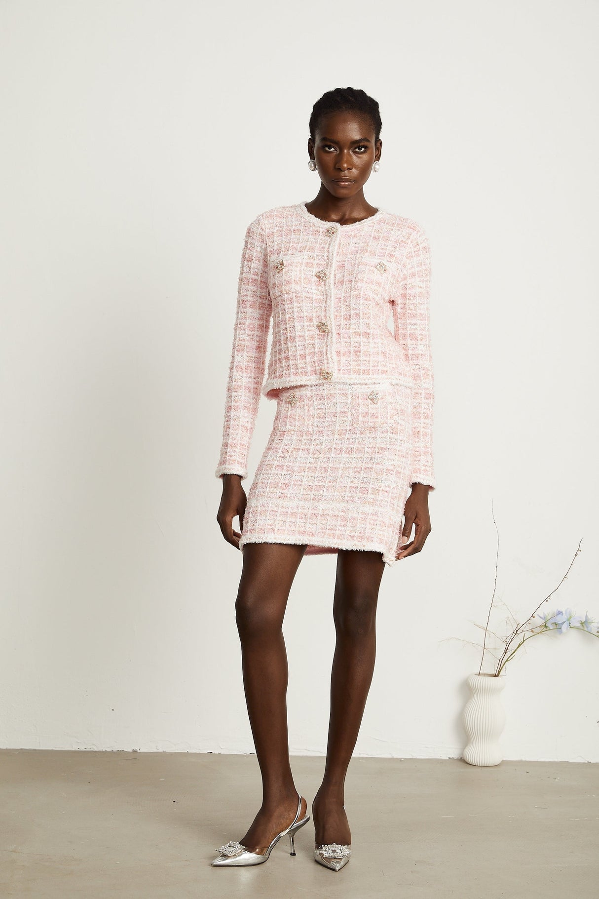 Capucine pink checkpattern cardigan  skirt matching set