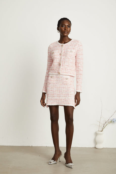 Capucine pink checkpattern cardigan  skirt matching set