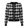 Cardigan - Classic Silhouette - Harlequin Pattern - Bold Contrast - Relaxed Fit - Gold Button Accents