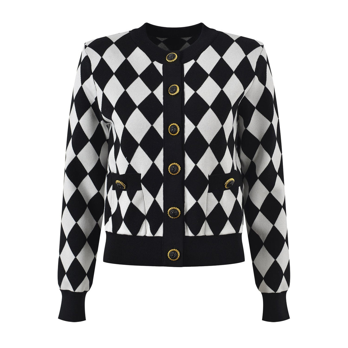 Cardigan - Classic Silhouette - Harlequin Pattern - Bold Contrast - Relaxed Fit - Gold Button Accents