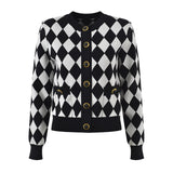 Cardigan - Classic Silhouette - Harlequin Pattern - Bold Contrast - Relaxed Fit - Gold Button Accents
