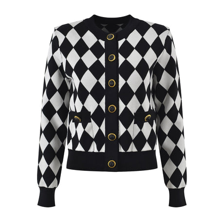 Cardigan - Classic Silhouette - Harlequin Pattern - Bold Contrast - Relaxed Fit - Gold Button Accents