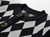 Cardigan - Classic Silhouette - Harlequin Pattern - Bold Contrast - Relaxed Fit - Gold Button Accents
